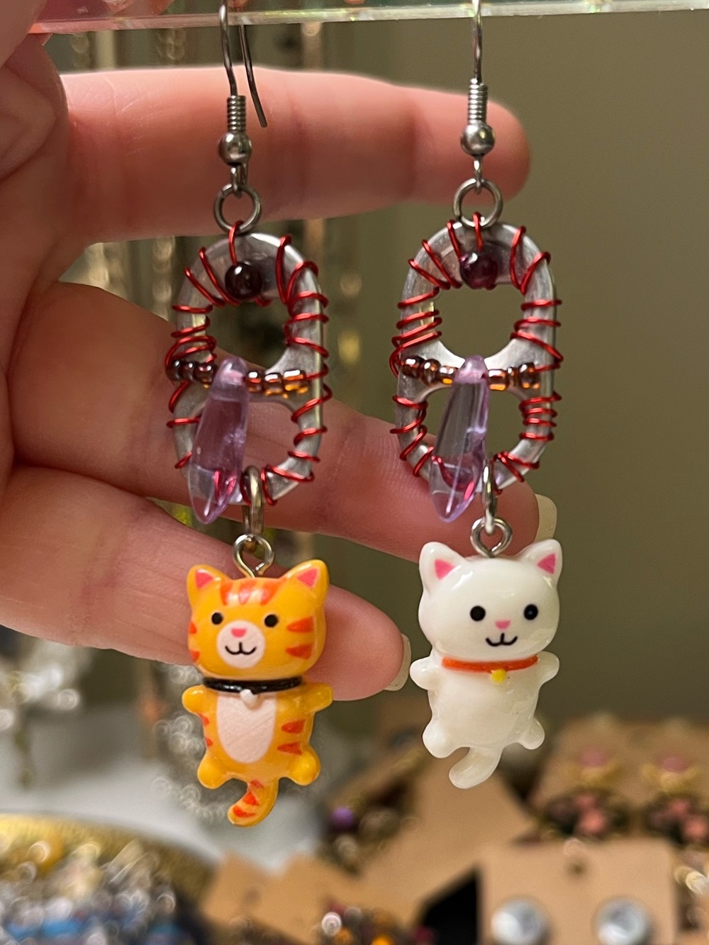 Handmade Mismatched Cat Bottle Cap Drop Earrings